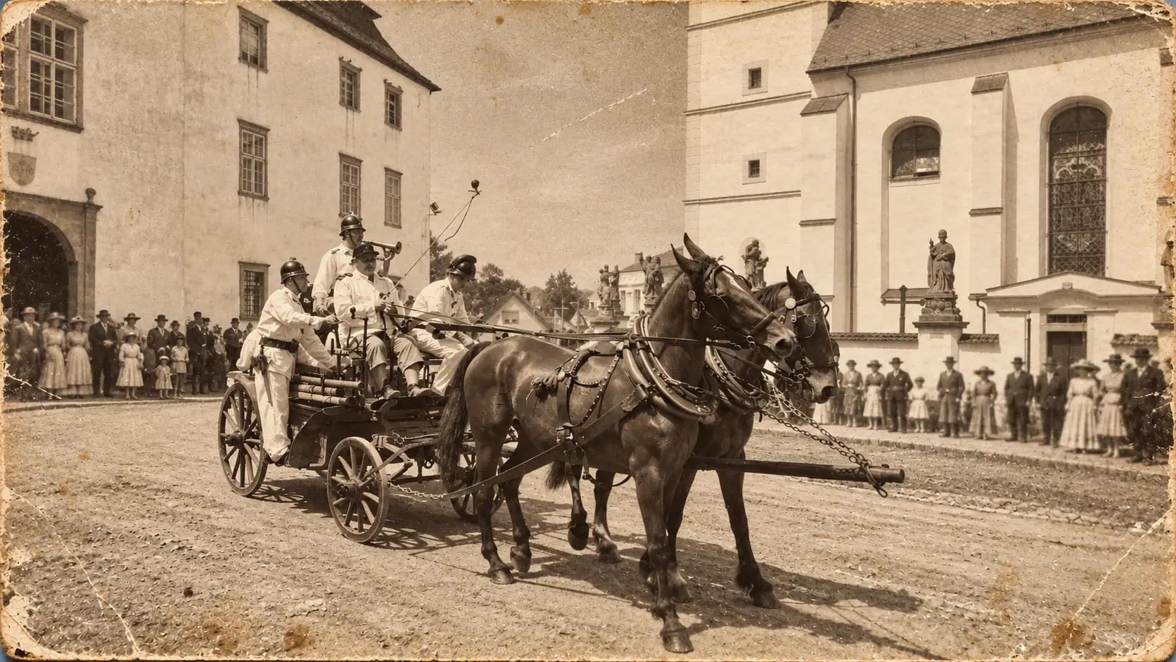 Ilustrační historická fotomontáž ruční hasičské stříkačky