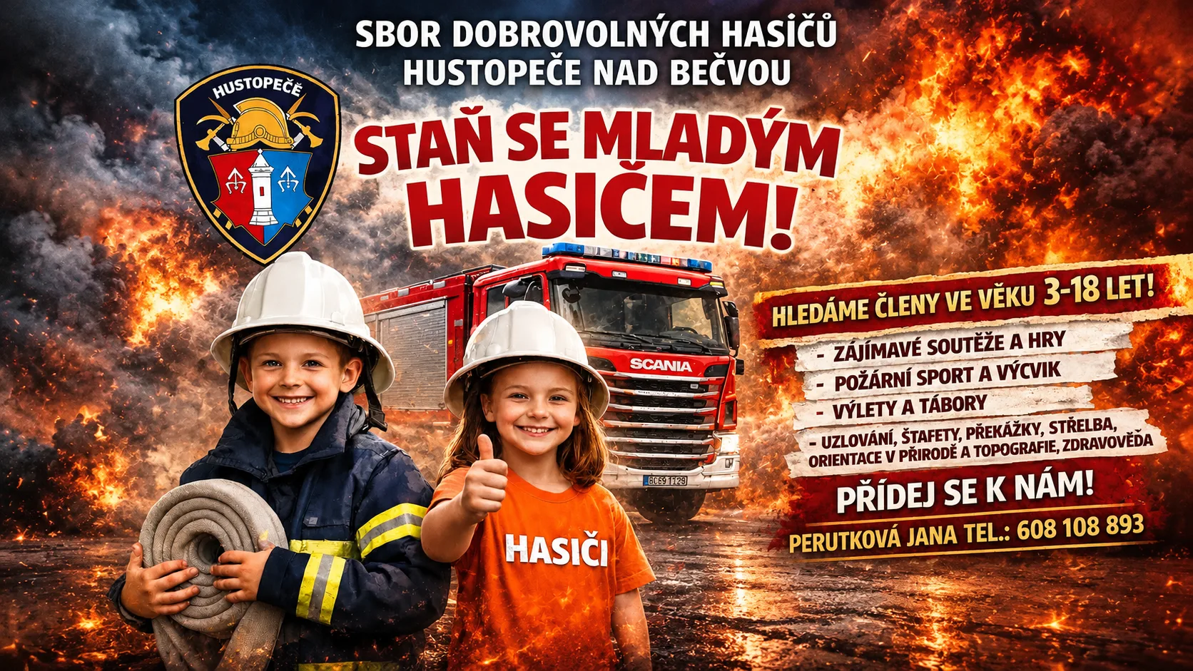 Náborový plakát SDH: Staň se mladým hasičem! Hledáme členy ve věku 3–18 let.
