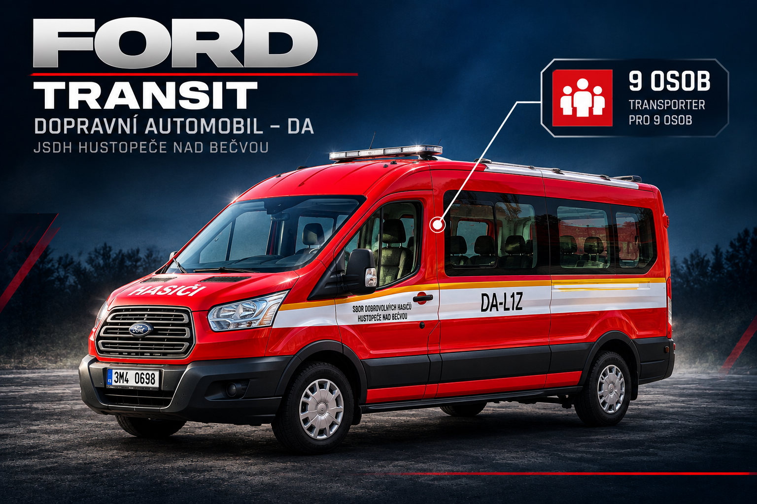 Infografika dopravního automobilu Ford Transit JSDH Hustopeče nad Bečvou