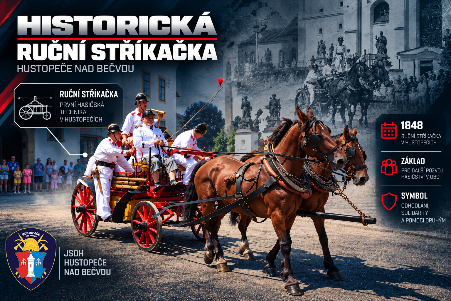 Infografika historické ruční požární stříkačky z roku 1848