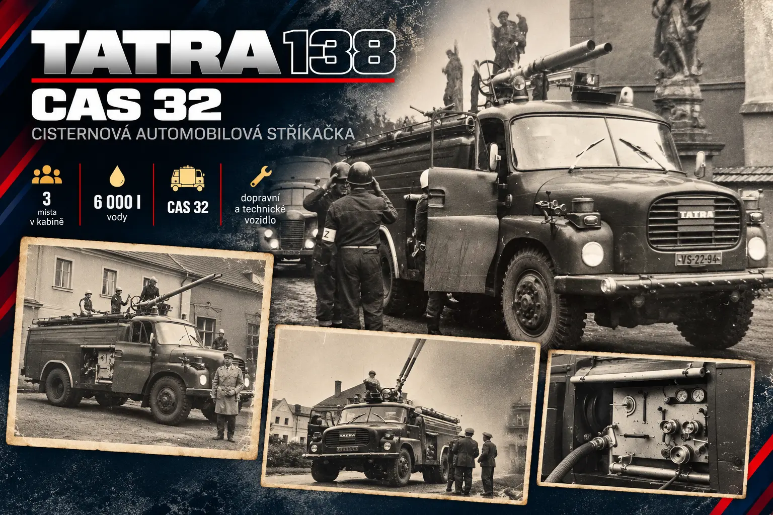Infografika historické cisternové automobilové stříkačky Tatra 138 CAS 32