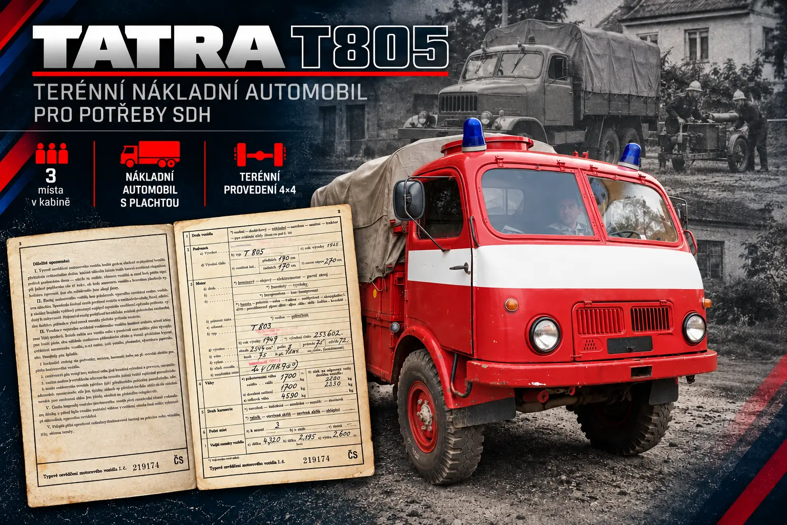 Infografika historického dopravního a technického vozidla Tatra 805 s plachtovou nástavbou